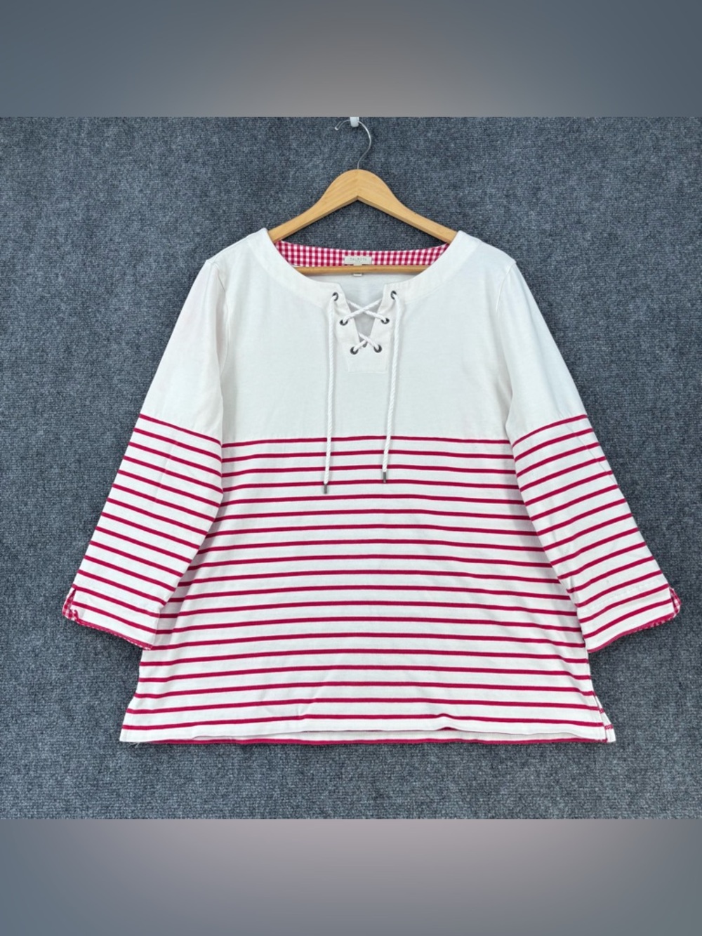 Talbots White & Red Striped Lace Up Top 3/4 Sleeves Women’s XL Coastal Nautical